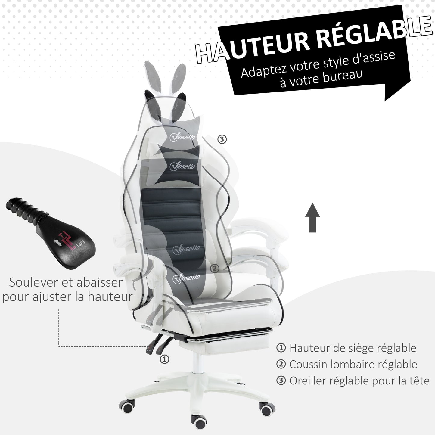 Gamingstoel – Bureaustoel – Gamestoel – Werkstoel – Stoel Met Bunny Ears – Verstelbare Hoogte – Verstelbare Rugleuning Tot 135° – Uittrekbare Voetensteun – Met Hoofd- En Lendensteunkussens – Zwart – Polyurethaan Bekleding