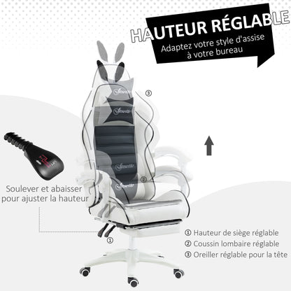 Gamingstoel – Bureaustoel – Gamestoel – Werkstoel – Stoel Met Bunny Ears – Verstelbare Hoogte – Verstelbare Rugleuning Tot 135° – Uittrekbare Voetensteun – Met Hoofd- En Lendensteunkussens – Zwart – Polyurethaan Bekleding