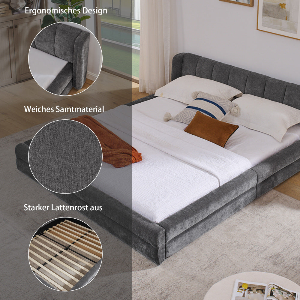 Double bed 160×200cm, chenille fabric, comfortable backrest, solid eucalyptus wood and iron frame, easy to assemble, dark grey/beige (mattress not included), Day Bed With Mattress Included, King Size Bed Frame, Bunk Beds Wit