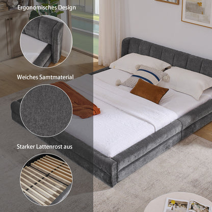 Double bed 160×200cm, chenille fabric, comfortable backrest, solid eucalyptus wood and iron frame, easy to assemble, dark grey/beige (mattress not included), Day Bed With Mattress Included, King Size Bed Frame, Bunk Beds Wit