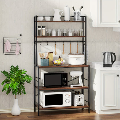 5-Lagen Keukenorganizer – Rustiek Zwart Walnoot – Industrieel Baker’s Rack met Opslag, Magnetronstandaard en Haakjes voor Kruiden en Keukengerei