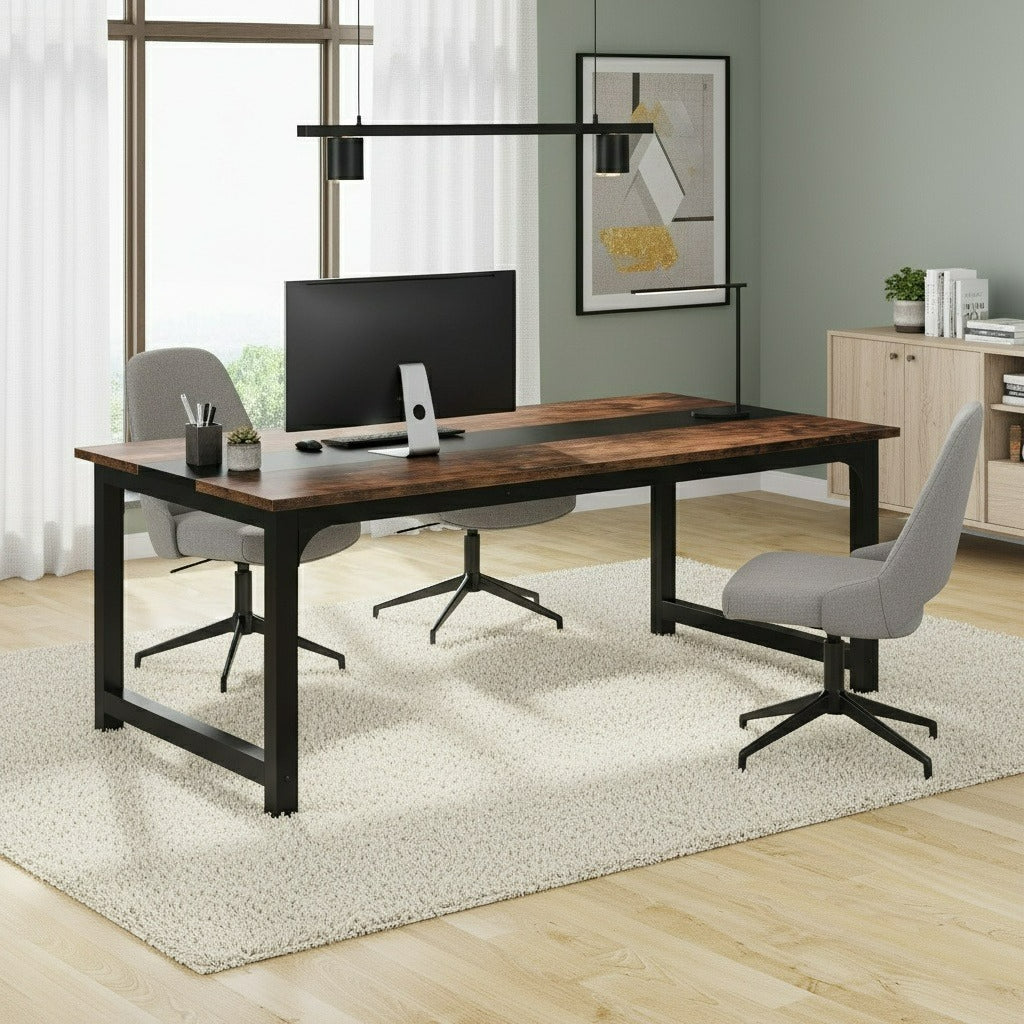 Industrieel Bureau – Werkplek – Schrijftafel – Computerbureau – Vergadertafel – Vintage Bruin/ Zwart – 160 cm Breed – Stevige Metalen Poten – Ruim Werkblad – Veel Beenruimte