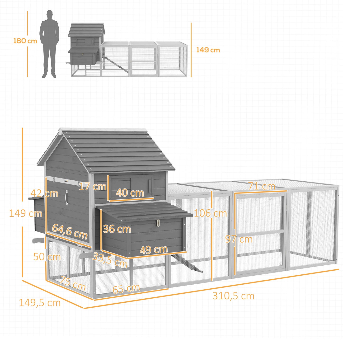 Kippenren – Kippenhok – Kippenkooi – Kippenverblijf – Houten Ren – Grote Afmetingen 310,5x149,5x149 cm – Waterbestendig Grijs Gecoat Hout
