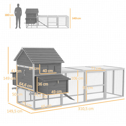 Kippenren – Kippenhok – Kippenkooi – Kippenverblijf – Houten Ren – Grote Afmetingen 310,5x149,5x149 cm – Waterbestendig Grijs Gecoat Hout