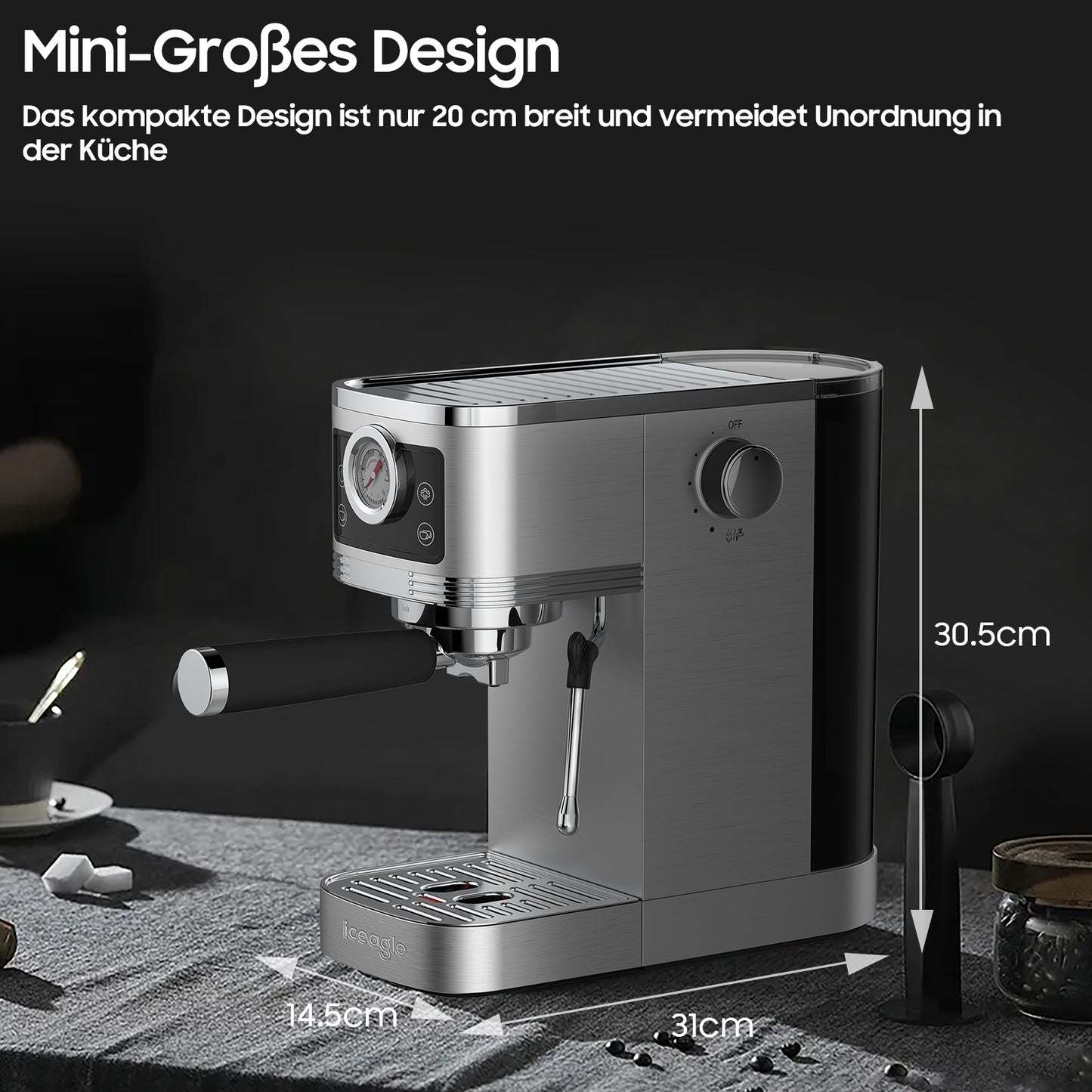 Espressomachine – Koffiezetapparaat – Koffiemachine – Halfautomaat – Compacte Espressoapparaat – 20 Bar Pomp – Roestvrijstalen Melkschuimer – 1350W Vermogen – 1,3L Waterreservoir