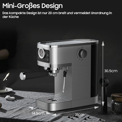 Espressomachine – Koffiezetapparaat – Koffiemachine – Halfautomaat – Compacte Espressoapparaat – 20 Bar Pomp – Roestvrijstalen Melkschuimer – 1350W Vermogen – 1,3L Waterreservoir