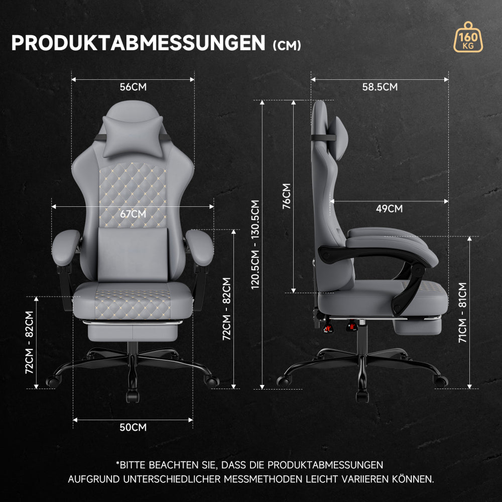 Gamingstoel – Gaming Chair – Bureaustoel – Gamestoel – Werkstoel – Ergonomisch Echt Leer – Massagefunctie – Uittrekbare Voetensteun – Grijs – Draagt 150 kg