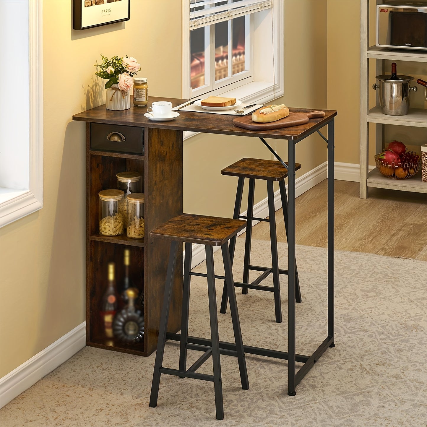 3pcs Dining Table Set for 2, Kitchen Table and Chairs with Storage Drawer & Shelf - Compact Kitchen Table and 2 Bar Stools, Perfect for Small Kitchens, Apartments, Brown, Spacesaving Furniture, Minimalist Furniture, Contempor