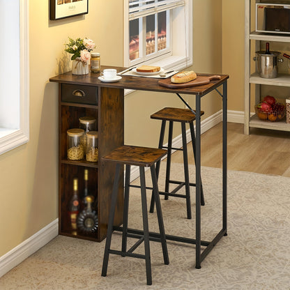 3pcs Dining Table Set for 2, Kitchen Table and Chairs with Storage Drawer & Shelf - Compact Kitchen Table and 2 Bar Stools, Perfect for Small Kitchens, Apartments, Brown, Spacesaving Furniture, Minimalist Furniture, Contempor