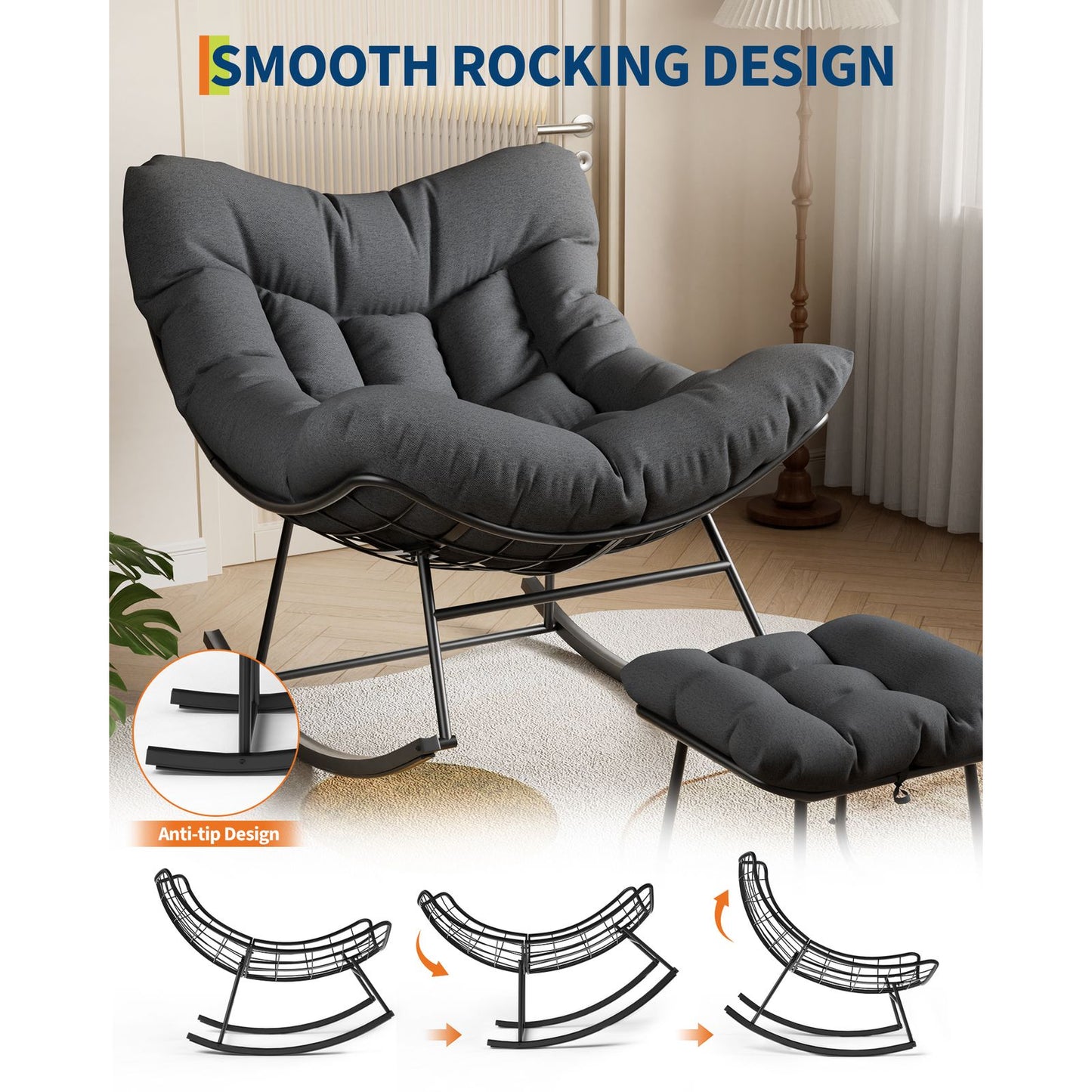 Grand Patio Outdoor Rocking Chair with Footstool | Modern Iron Frame, Polished Finish, Comfort Cushion, Spot-clean Care, Ideal for Balcony, Patio, Porch