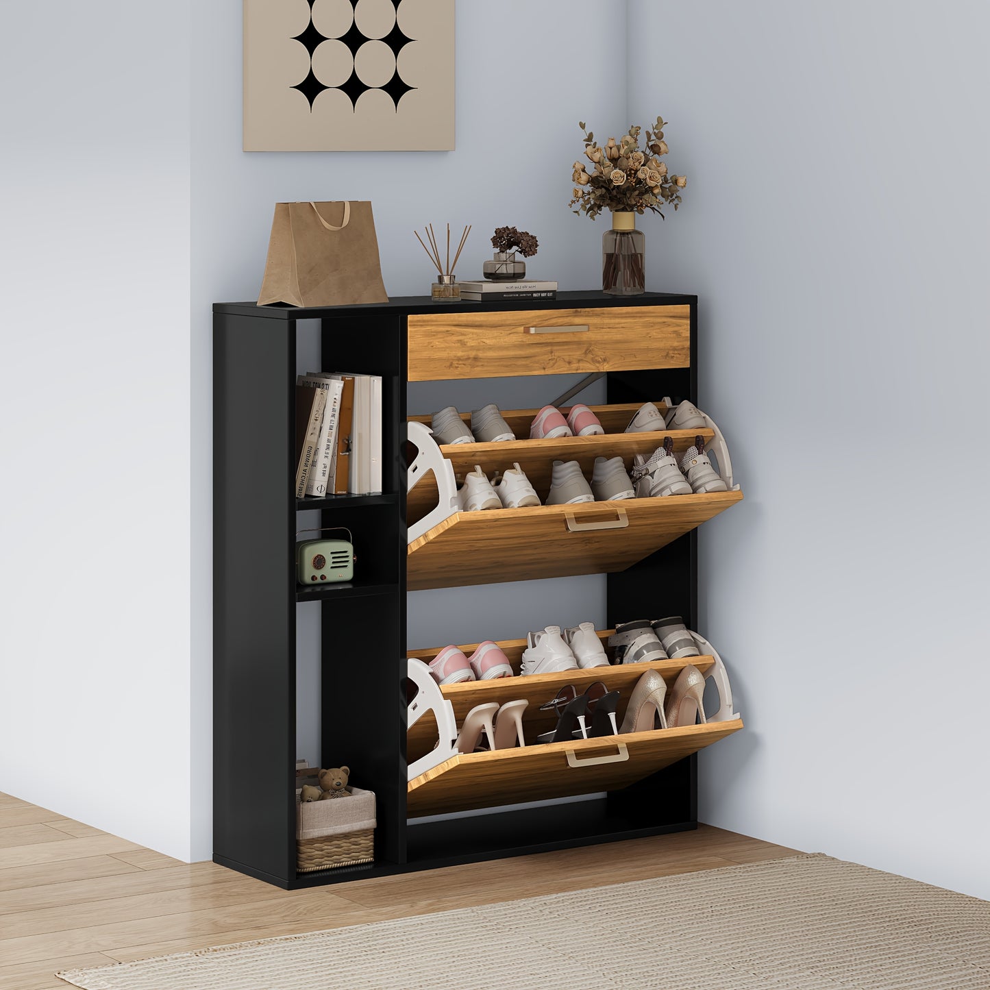 Houten Schoenenkastje – Schoenopberger – Schoenenrek – Schoenentoren – Schoenendisplay – Zwart – 2 Klapladen – Geschikt Voor 12-15 Paar Schoenen