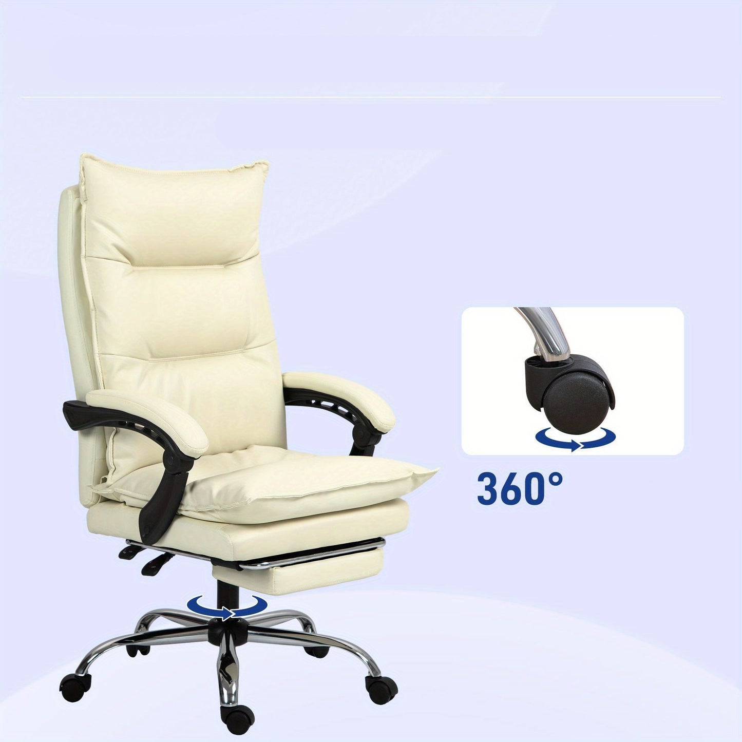 Bureaustoel – Kantoorstoel – Office Chair – Werkstoel – Bureau Stoel – Ergonomisch Design – Verstelbare Zithoogte 55-63 cm – Ingebouwde Voetensteun – Beige Kunstleer – Stevige Houten Basis