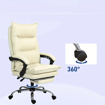 Bureaustoel – Kantoorstoel – Office Chair – Werkstoel – Bureau Stoel – Ergonomisch Design – Verstelbare Zithoogte 55-63 cm – Ingebouwde Voetensteun – Beige Kunstleer – Stevige Houten Basis
