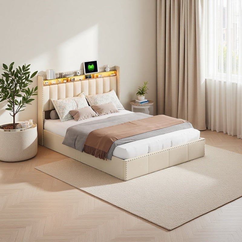 Bedombouw – Bedframe – Ledikant – Gestoffeerd Bed – Opbergbed – Tweepersoonsbed – Velvet Beige – 140x200 cm – Met USB Oplaadpoort en LED Verlichting
