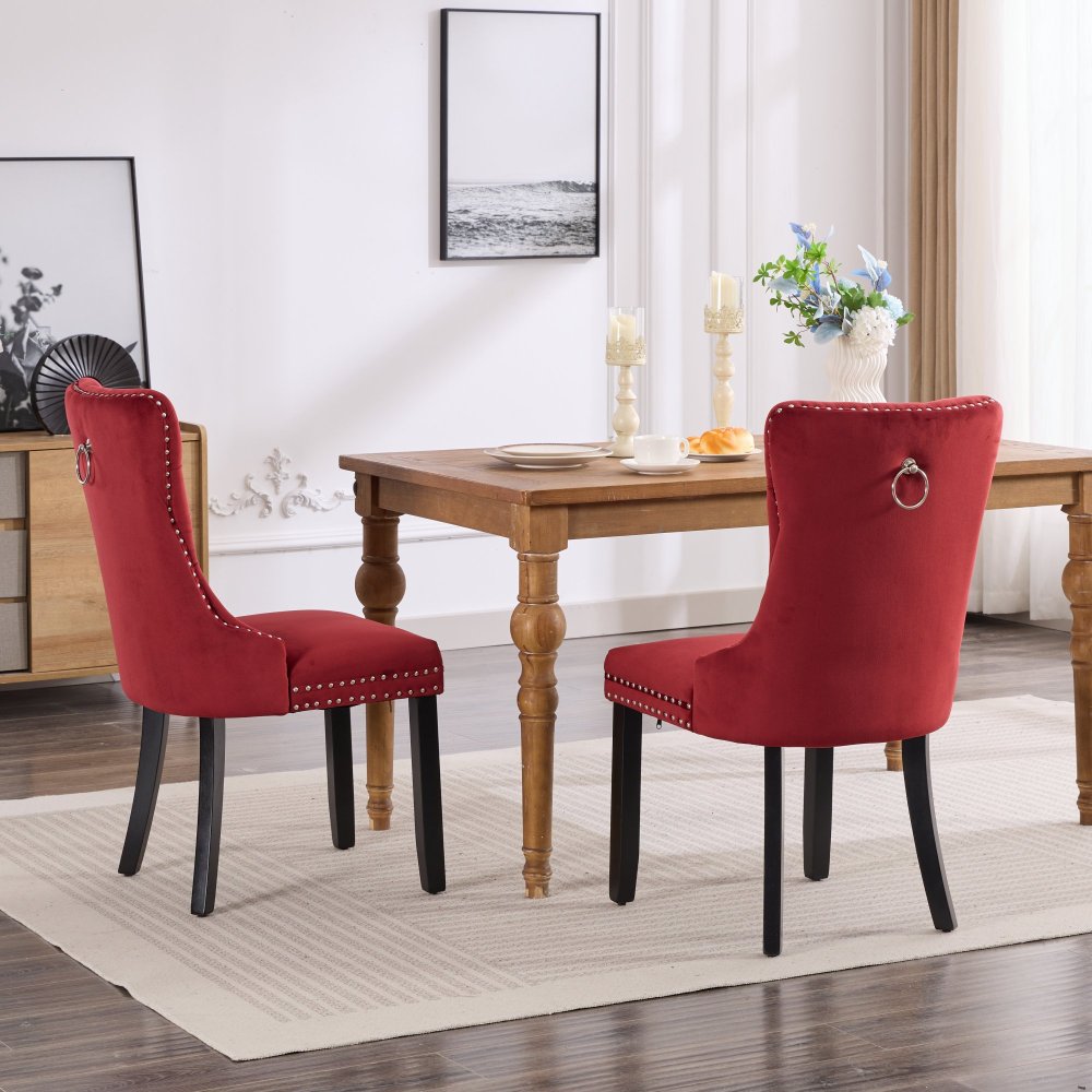 Classic Velvet Dining Chair, High-End Tufted Solid Wood Contemporary Velvet Cushioned Wooden Leg Nail Head Dining Chair, Set of 2, Wine Red Color, Dining Room Table And Chair Set, Dining Chair Set Of, Dining Room Chair, Dinin