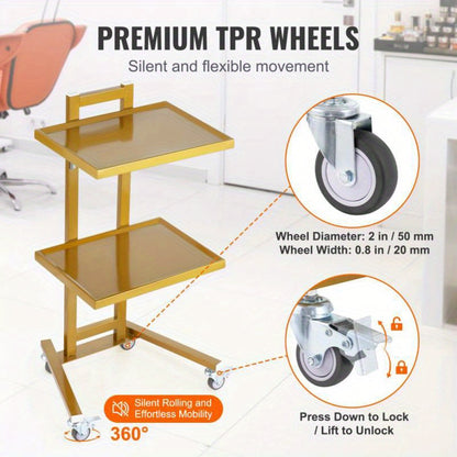Mobiele Trolley – Labwagen – Werkwagen – Servicekar – Transportkar – Roestvrij Staal Heavy-Duty – Gouden Afwerking – Twee Etages – Geruisloze Wielen