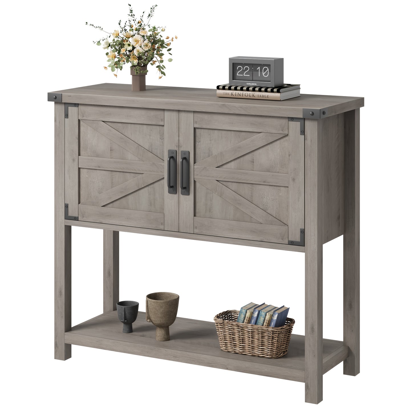 Sidetable – Haltafel – Consoletafel – Wandtafel – Bijzettafel – Grijs – Met 2 Deuren En 2 Laden – Stevig Metalen Frame & Krasbestendig Oppervlak