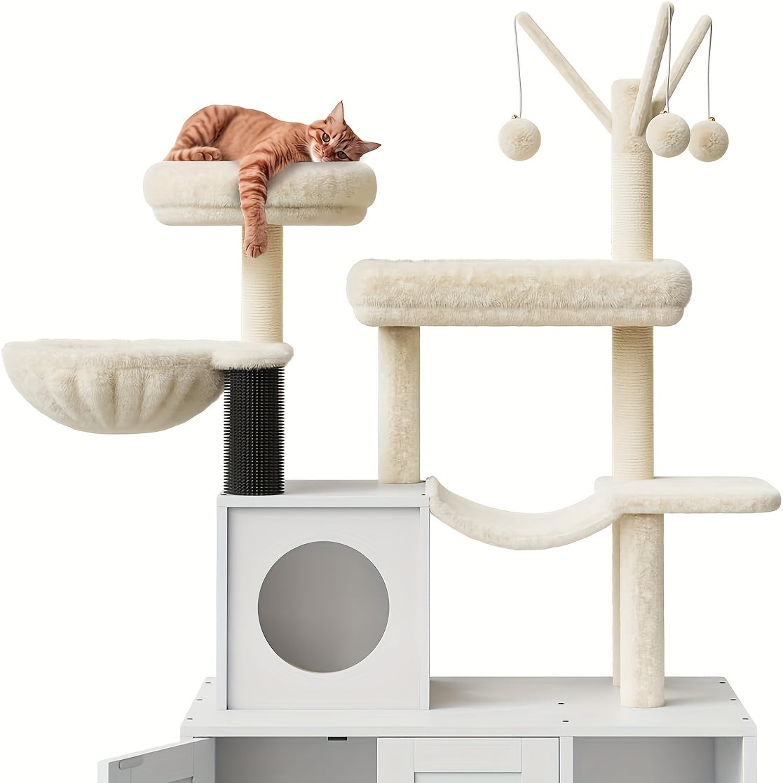 Kattenboom – Krabpaal – Speelhuis – Kattenmeubel – Kattentoren – Wit – Verborgen Kattenbak – Stevige Houten Constructie
