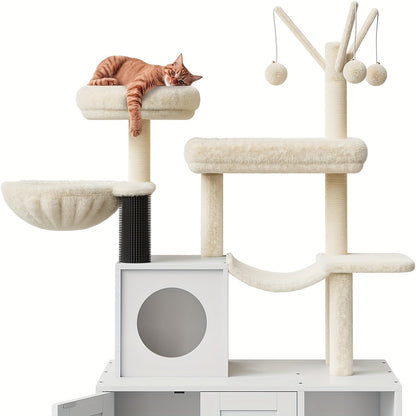 Kattenboom – Krabpaal – Speelhuis – Kattenmeubel – Kattentoren – Wit – Verborgen Kattenbak – Stevige Houten Constructie