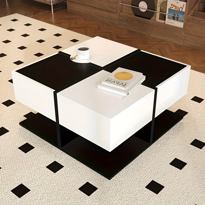 Salontafel – Koffietafel – Tafel – Woonkamertafel – Bijzettafel – Modern Zwart-Wit – 2 Soft-Close Lades – 70x70x35,5 cm – Bamboe Frame – Eenvoudige Montage