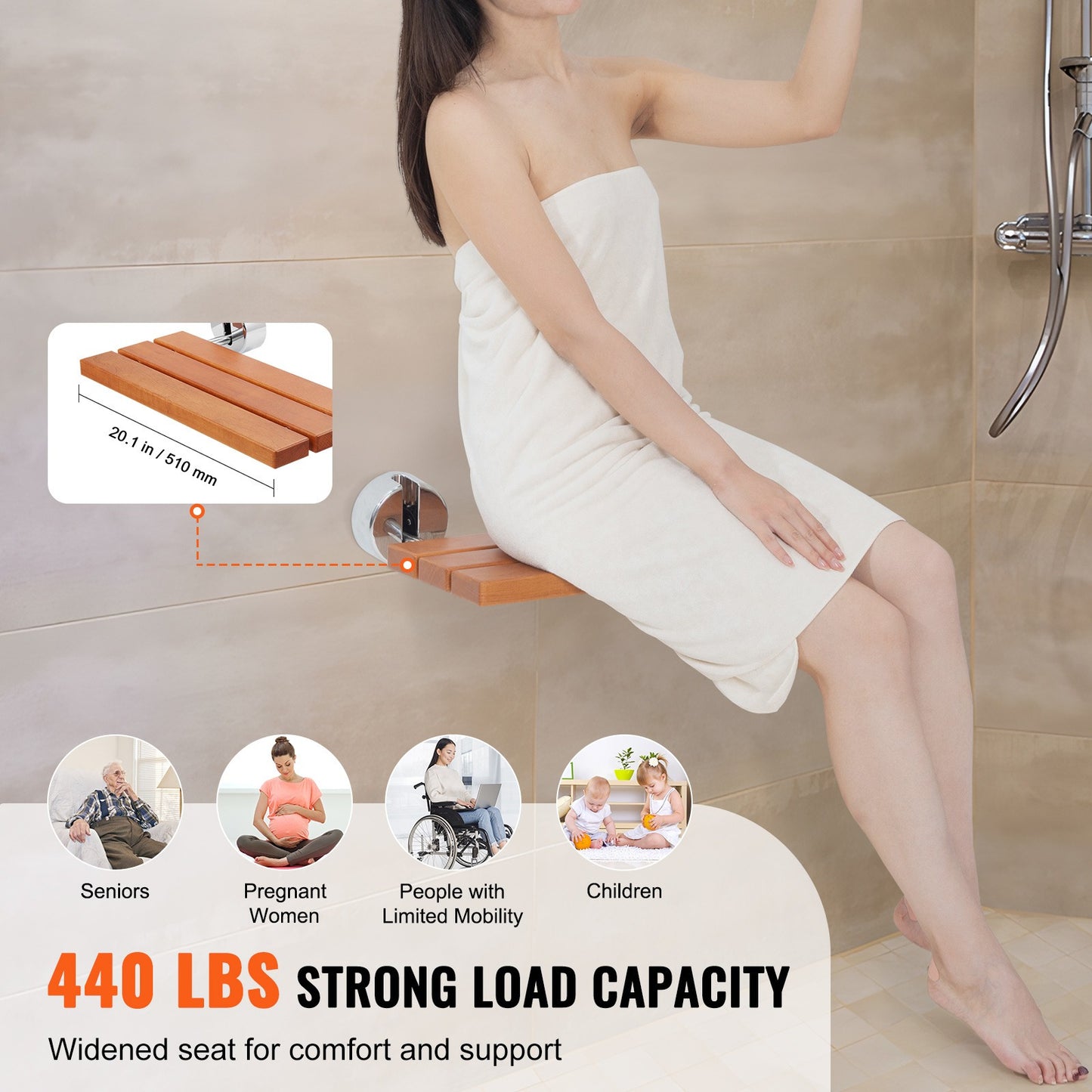 Douchestoel – Douchezitje – Douchekruk – Douchestoel Wandmontage – Inklapbare Douchezitting – Teak Hout – Draagvermogen 200 kg