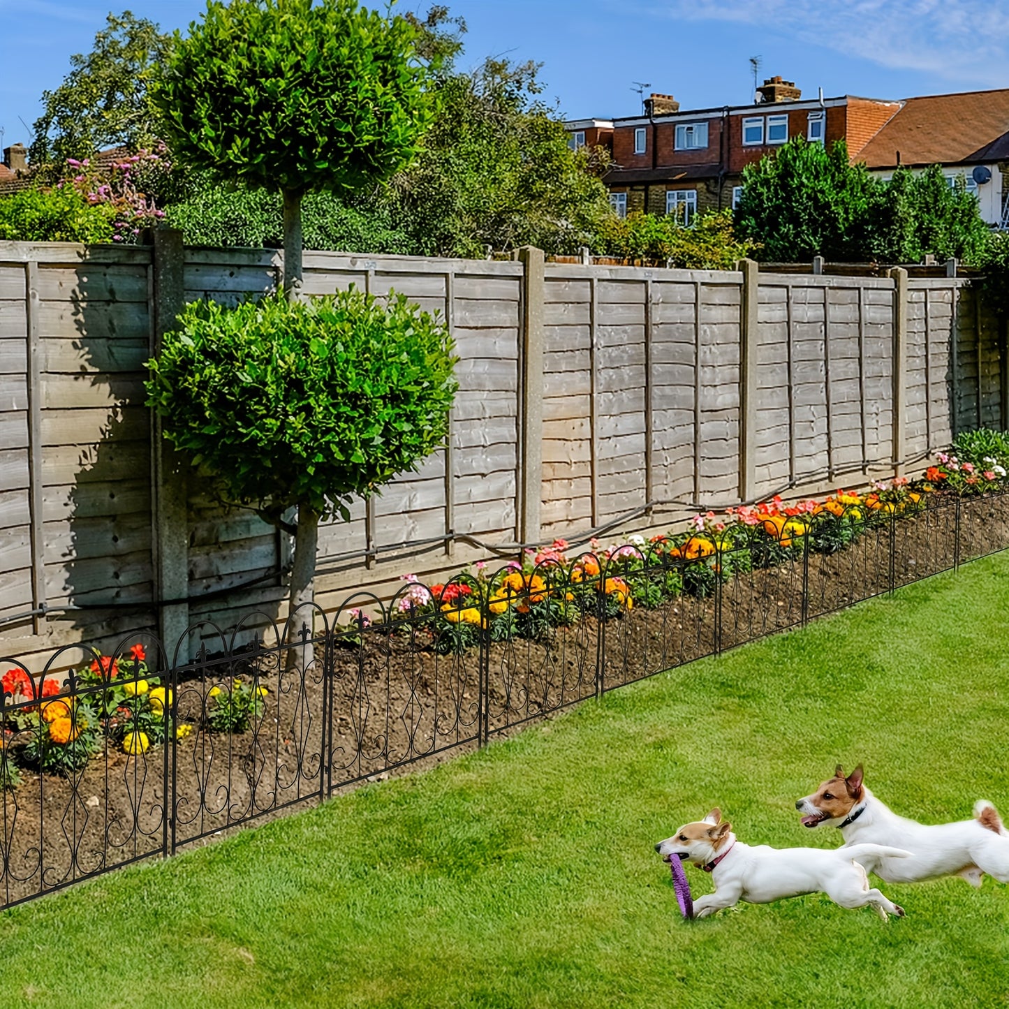 Metalen Tuinhek – Tuinafscheiding – Border Schutting – Tuinpaneel – Grasdraad Afzetting – Modern Design – Zwart Gecoat Metaal – Weerbestendig 60 x 62 cm – Set Van 5 Panels