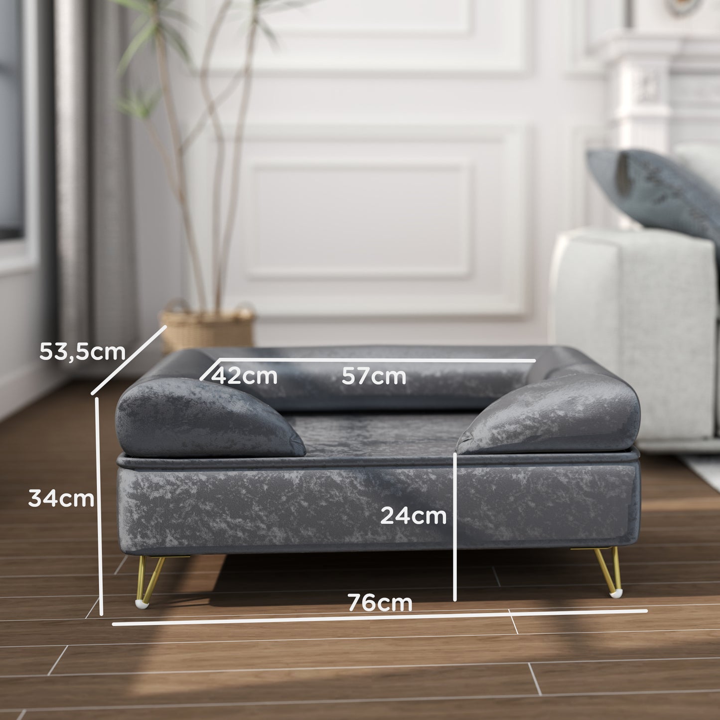 Huisdierenbank – Hondenbank – Kattenbank – Dierenbank – Huisdierenbed – Luxe Dutch Velvet – Afneembare Wasbare Hoes – 76x53,5x34 cm – Stevige Houten Constructie