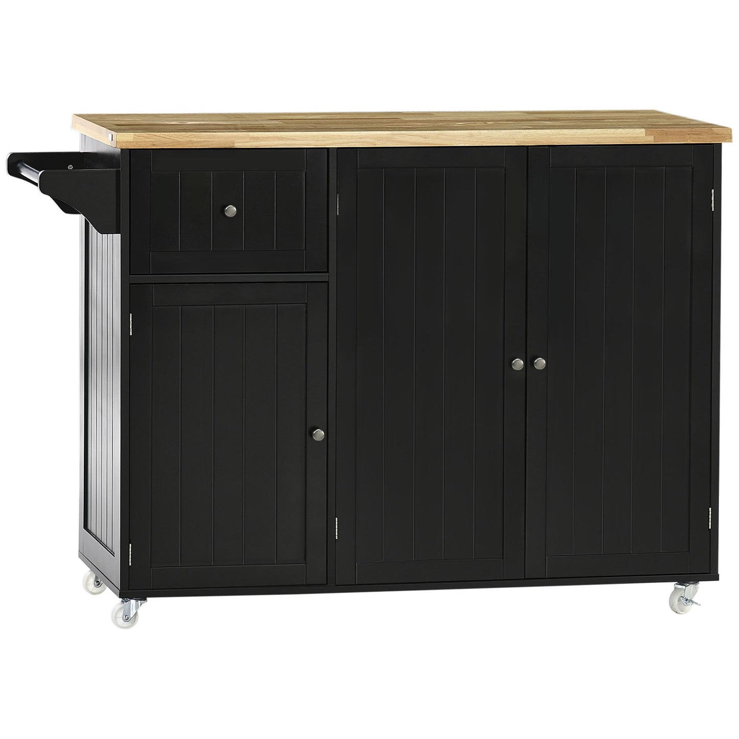 Keukenwagen – Keukentrolley – Keukenkast – Serveerwagen – Keukeneiland – Zwart Heveahout – Met Handdoekhouder & Veel Opbergruimte – 135x45x94,5 cm