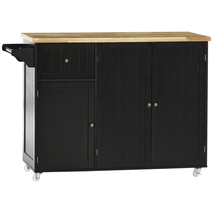 Keukenwagen – Keukentrolley – Keukenkast – Serveerwagen – Keukeneiland – Zwart Heveahout – Met Handdoekhouder & Veel Opbergruimte – 135x45x94,5 cm