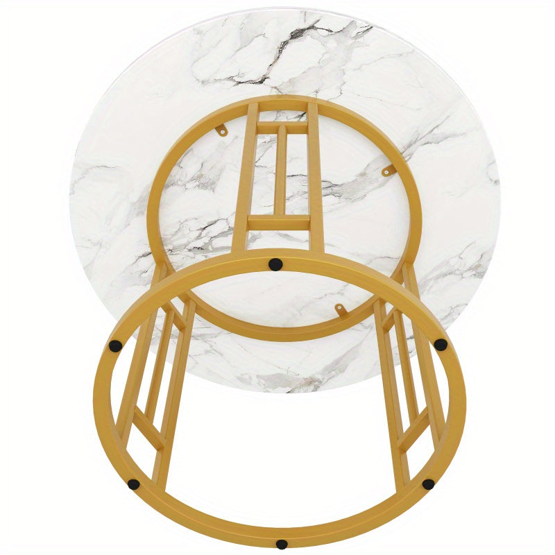 Ronde Eettafel – Rond Tafeltje – Keukentafel – Salontafel – Eetkamertafel – MDF Marmerlook Blad – Metalen Onderstel – Ø80x76cm – Voor 4 Personen