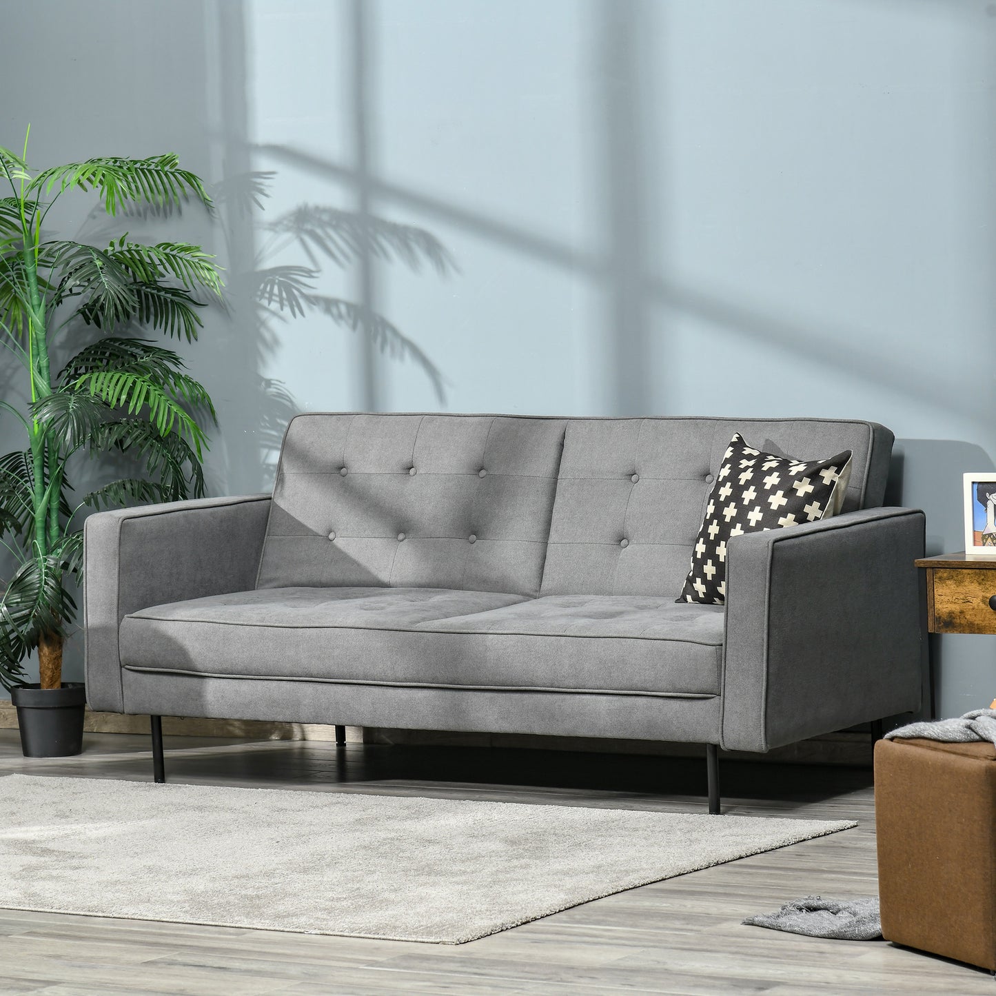 Slaapbank – Bedbank – Bankstel – Bedbank met Slaapfunctie – 3-Zits Sofa – Verstelbare Rugleuning – Vintage Eucalyptus Hout – Katoenen Stoffering – Grijs – 187 x 91 x 85 cm