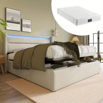 Hydraulisch Opbergbed – Bed Met Matras – Opklapbed – Stalen Bedframe – Tweepersoonsbed 160x200 cm – Klassiek Wit – Ruimtebesparend – Stevige Constructie