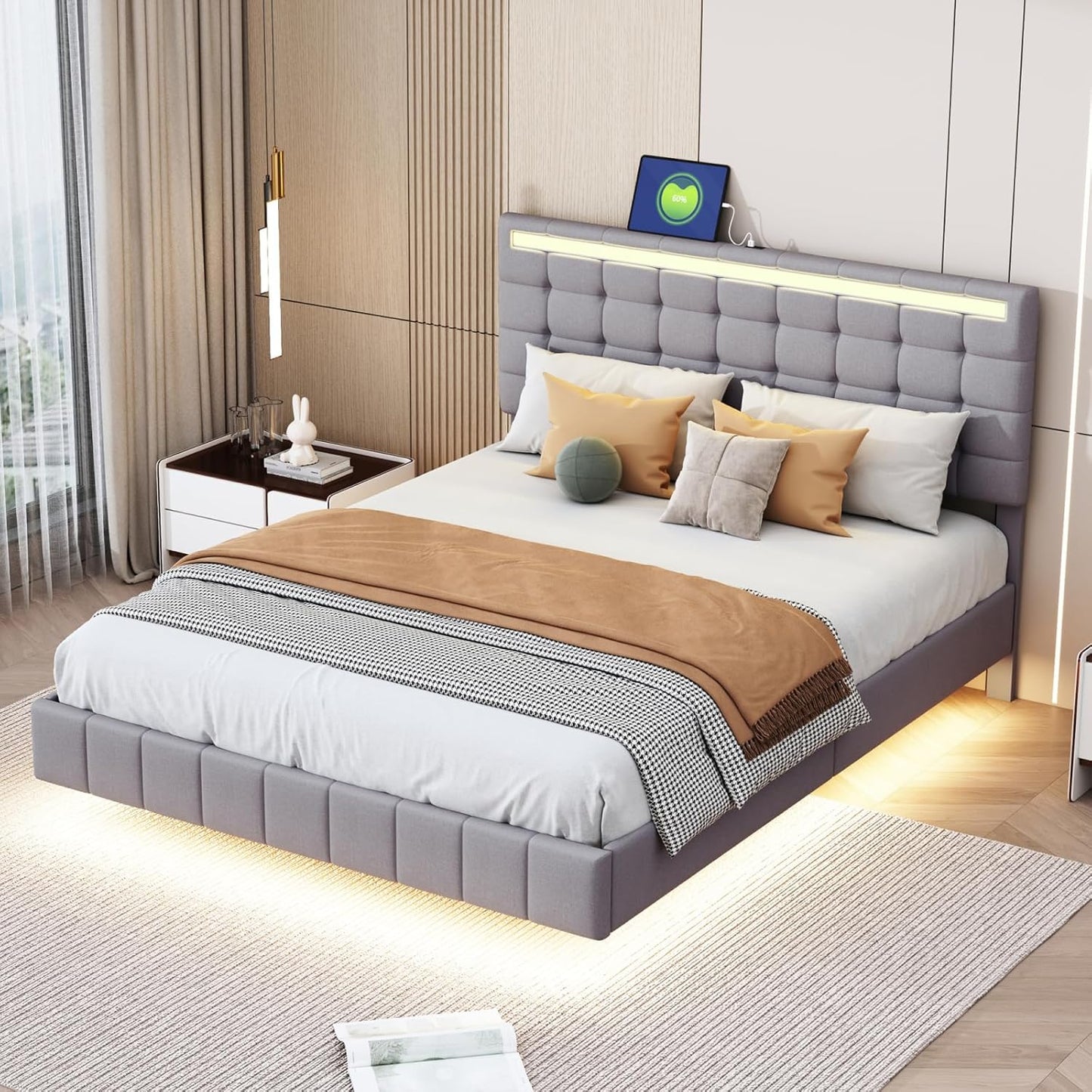 Bedframe – Gestoffeerd Bed – Tweepersoonsbed – Opbergbed – Led-bed – 140x200 cm – Linnen Bekleding – Usb Oplaadstations