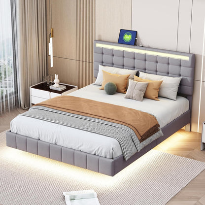 Bedframe – Gestoffeerd Bed – Tweepersoonsbed – Opbergbed – Led-bed – 140x200 cm – Linnen Bekleding – Usb Oplaadstations