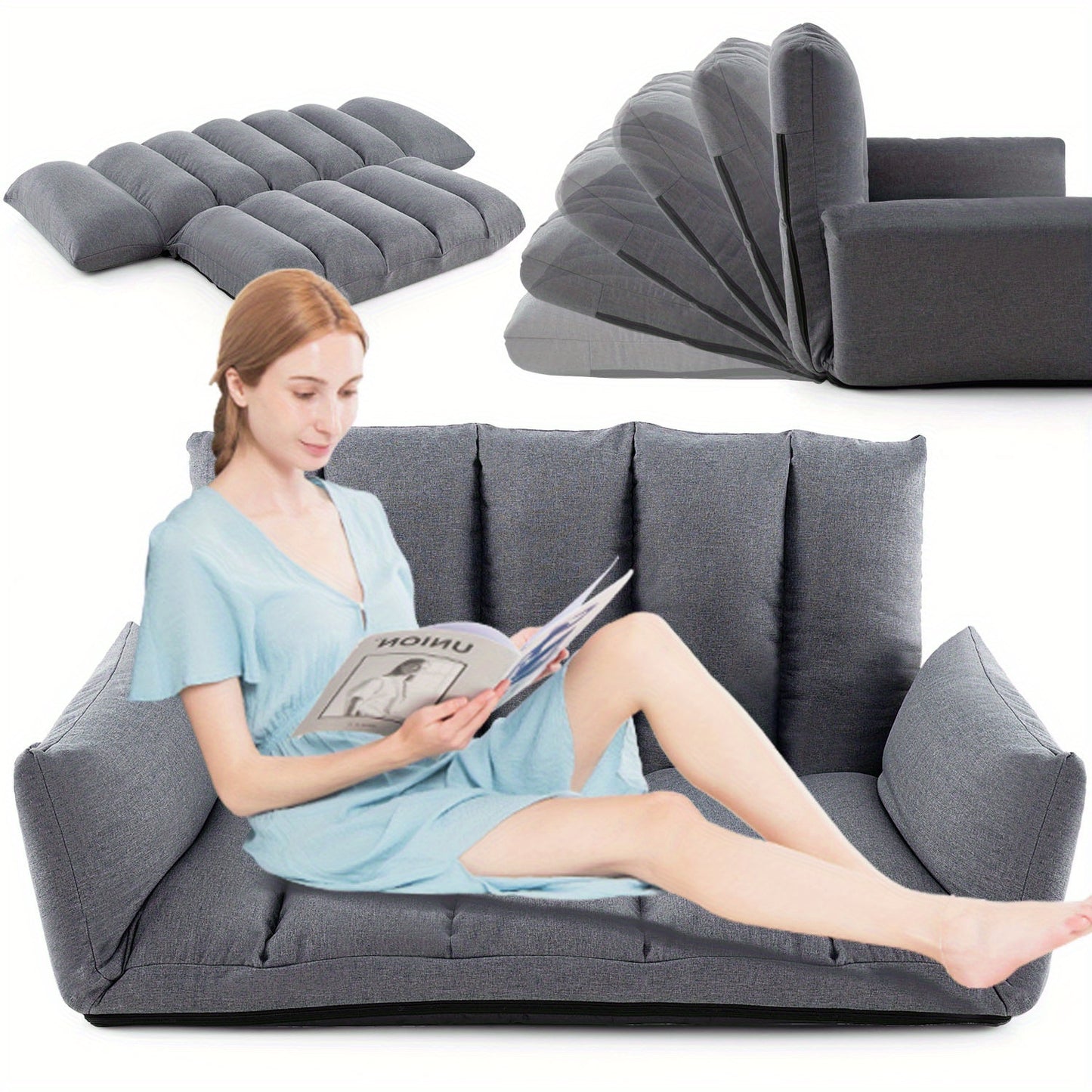 Vloersofa – Vloerstoel – Slaapbank – Loungefauteuil – Relaxstoel – 5-standen Verstelbare Rugleuning – Stevig Metalen Frame – Grijs