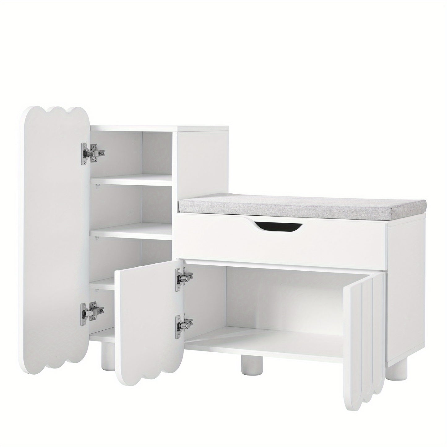 Modern 3-Door White Metal Shoe Cabinet with Drawers & Seat - Space-Saving Entryway Storage, 3.2+ Cubic Feet Capacity, 68.58cm Height - Stylish Bench for Hallways, Entrances & Closets, Shoe Storage Cabinet, Contemporary Furnit