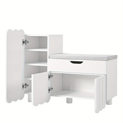 Modern 3-Door White Metal Shoe Cabinet with Drawers & Seat - Space-Saving Entryway Storage, 3.2+ Cubic Feet Capacity, 68.58cm Height - Stylish Bench for Hallways, Entrances & Closets, Shoe Storage Cabinet, Contemporary Furnit