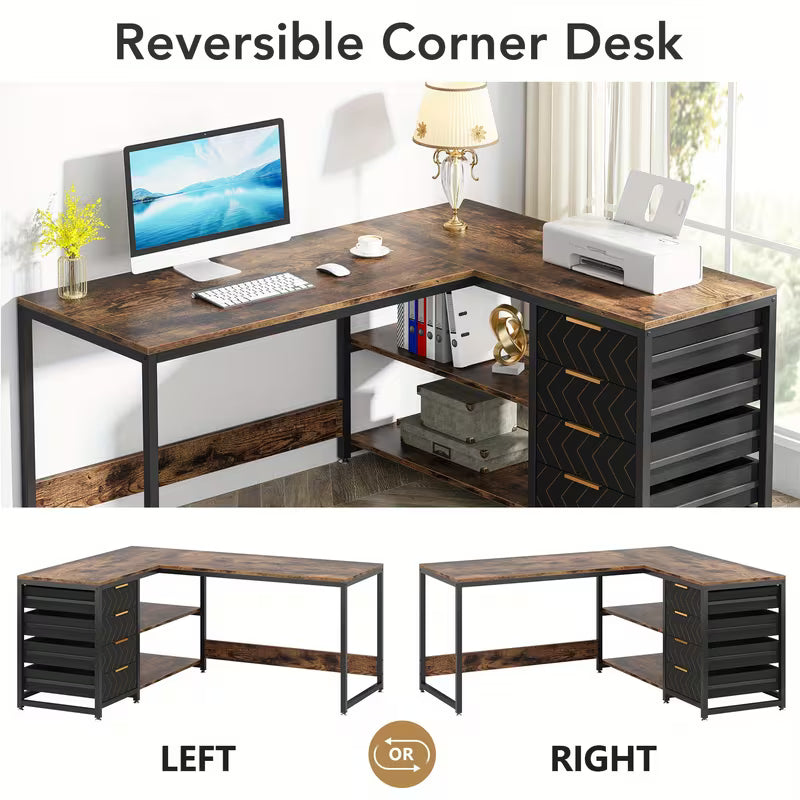 L-vormig bureau – Computerbureau – Hoekbureau – Werkplek bureau – Bureau met laden – Bruin – Ruim 150 cm werkoppervlak – Duurzaam vezelplaatmateriaal