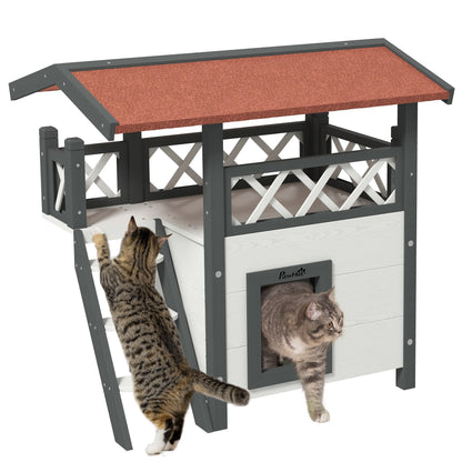 Huisdier Lodge – Kattenhuis – Hondenhok – Dierenverblijf – Villa – Witte Houten Buitenhuis – Met Terras En Trap – Afmeting 77x50x73 cm