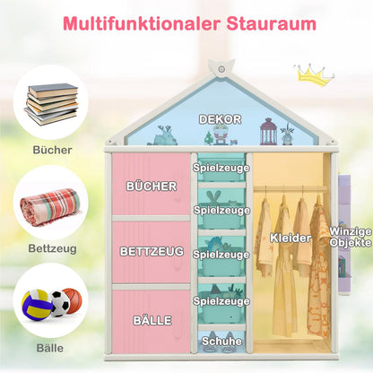 Kinderkast Huisvorm – Kinderen Boekenkast – Speelgoedkast – Opbergrek – Kledingrek – 4 Opbergdozen – Veilig HDPE Materiaal – Kantelbeveiliging