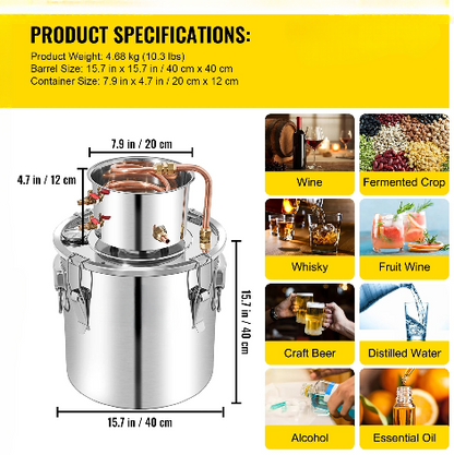 Vevor - Alcohol distillateur - Distilleerketel voor Alcohol - Destilleerapparaat Etherische Olie - Maak zelf Bier, Wijn of Sterke Drank - Fermentatie set - 50L - Zilver - QUORE