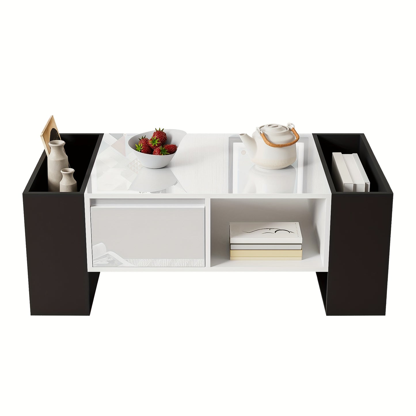 Salontafel – Woonkamertafel – Bijzettafel – Koffietafel – Tafel – Modern Zwart-Wit Design – Met Lade en Open Planken – Compacte Opbergruimte – Eenvoudige Montage