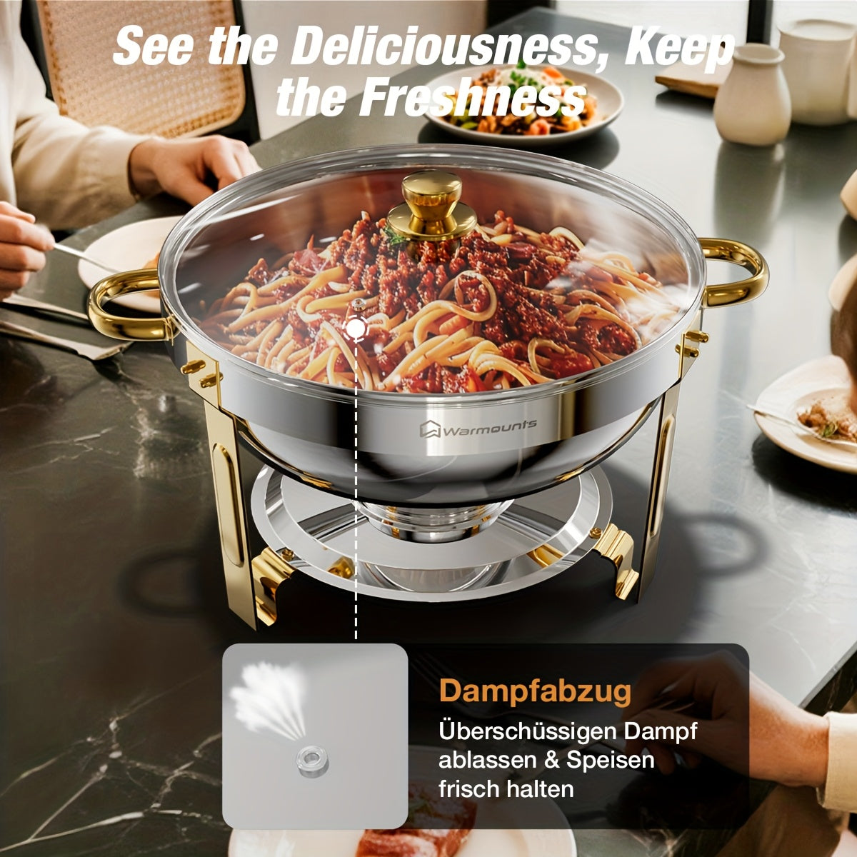 Chafing Dish – Buffetwarmer – Warmhoudschalen – Warmhoudbakken – Voedselverwarmer – 2-delig Ronde Set – 5 L Inhoud – Glasdeksel Met Houder – Roestvrij Staal 201