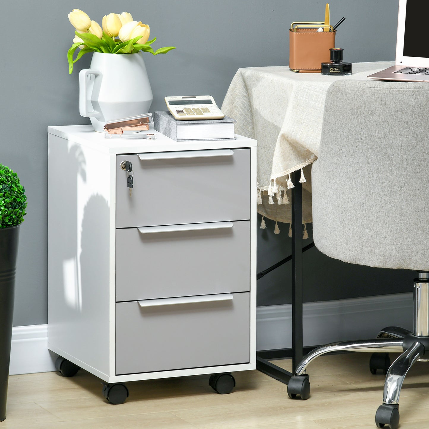 Ladeblok – Ladekast – Archiefkast – Rolcontainer – Ladekast Op Wieltjes – 3 Laden Met Slot – MDF Wit & Grijs – Mobiele Opbergruimte 40x40x63,5 cm