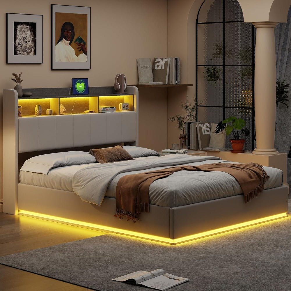 Tweepersoonsbed – Opbergbed – Bed met LED Verlichting – Fluwelen Bed – Stalen Bedframe – 160x200 cm – USB Aansluiting – Ingebouwde Opbergruimte