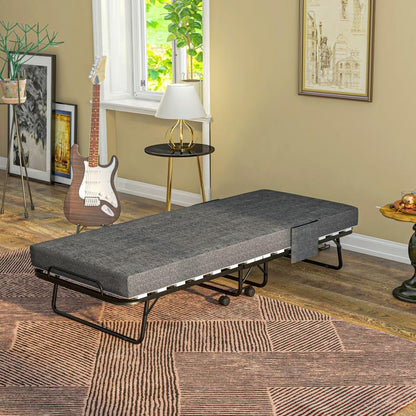 Opklapbed – Vouwbed – Logeerbed – Slaapbank – Bedbank – Donkergrijs – Met Zijvak – 10 cm Dik Matras – Ruimtebesparend Design