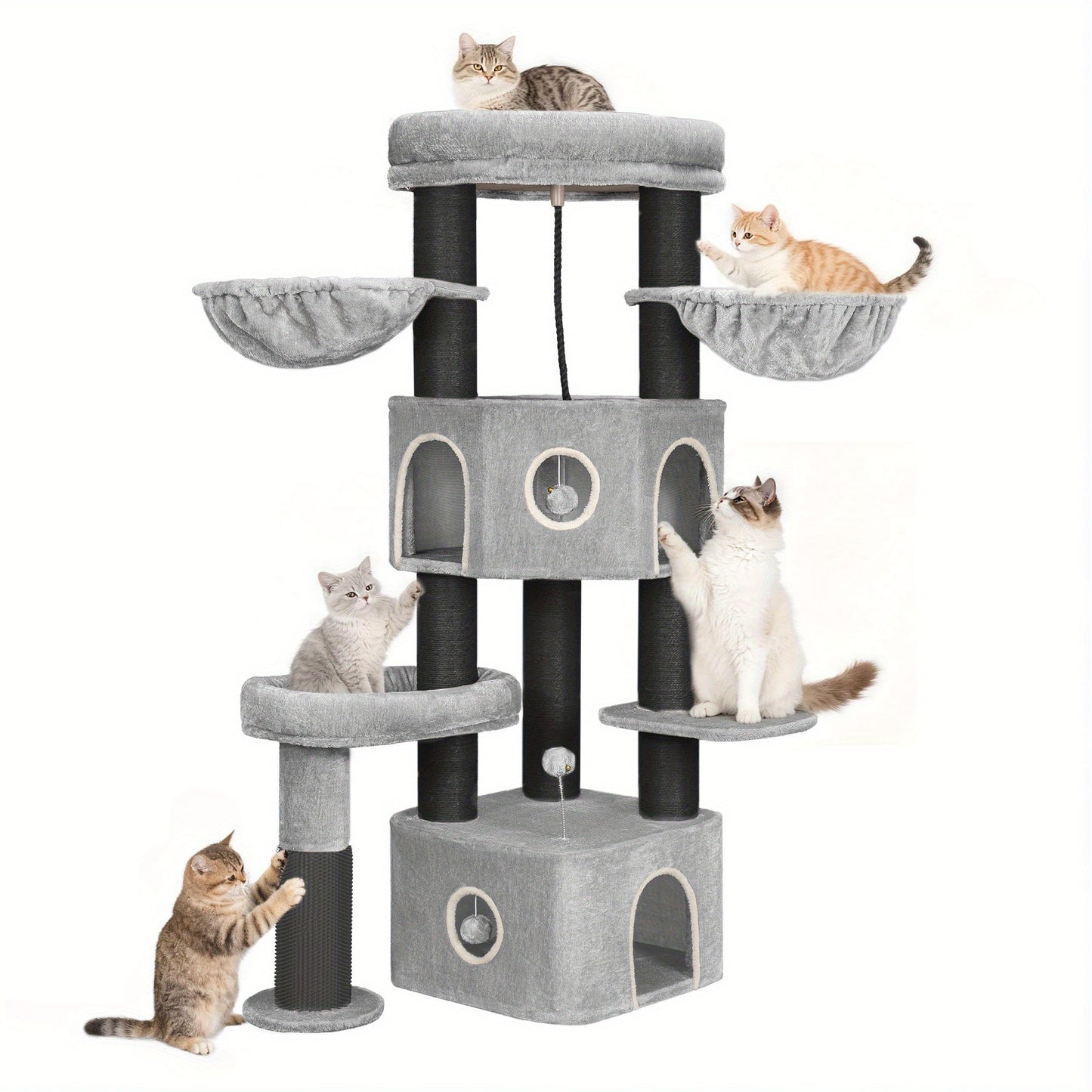 Krabpaal – Kattenboom – Kattenmeubel – Kattentoren – Krabmeubel – 163 cm Hoog – 10 cm Dikke Sisalpalen Voor Grote Katten – Twee Kattenholletjes Met Ruim Platform