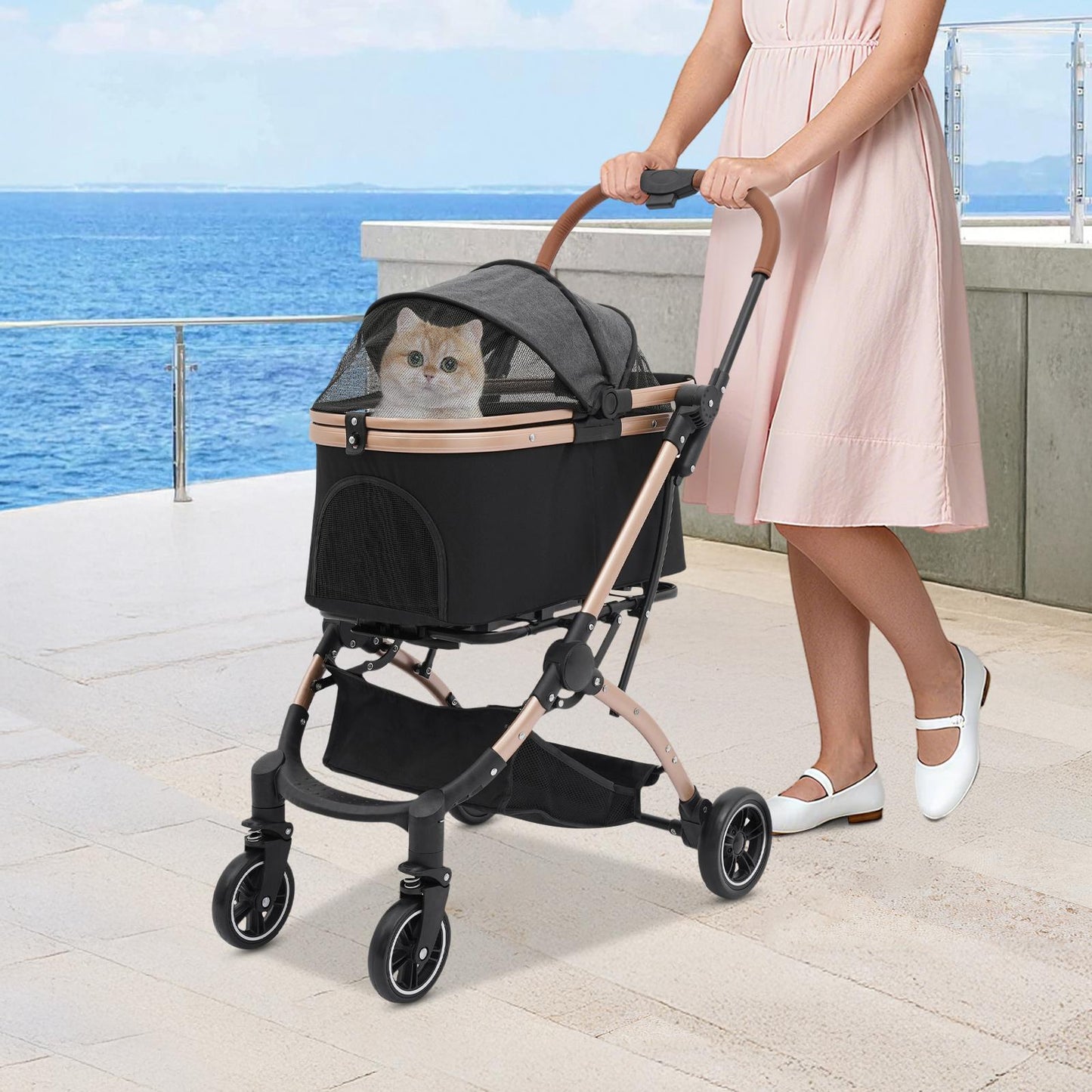 Foldable Pet Stroller | 4 Wheels, Black and Grey, Alloy Steel Frame, Nylon, for Dogs and Cats - NaMaSyo