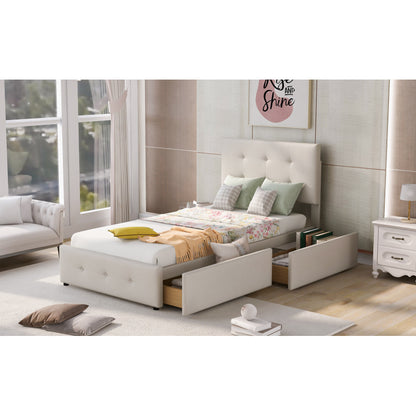 Bedbank – Slaapbank – Logeerbed – Eenpersoonsbed – Bed – Lichtbeige Gestoffeerd – Lattenbodem – 2 Grote Opberglades