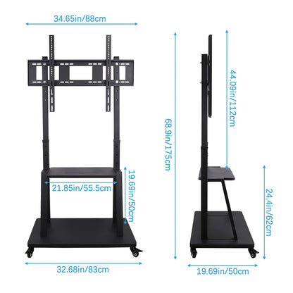 Mobiele TV-standaard – Verrijdbare TV-wagen – Verstelbare TV-houder – Mobiele TV-kar – TV-trolley Zwart – Verstelbare hoogte tot 175 cm – Stevige metalen constructie tot 80 kg